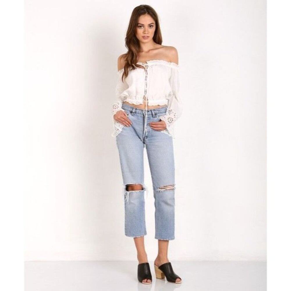 Winston White Crop Top Women Medium Eyelet Cottagecore Romantic Coquette Boho